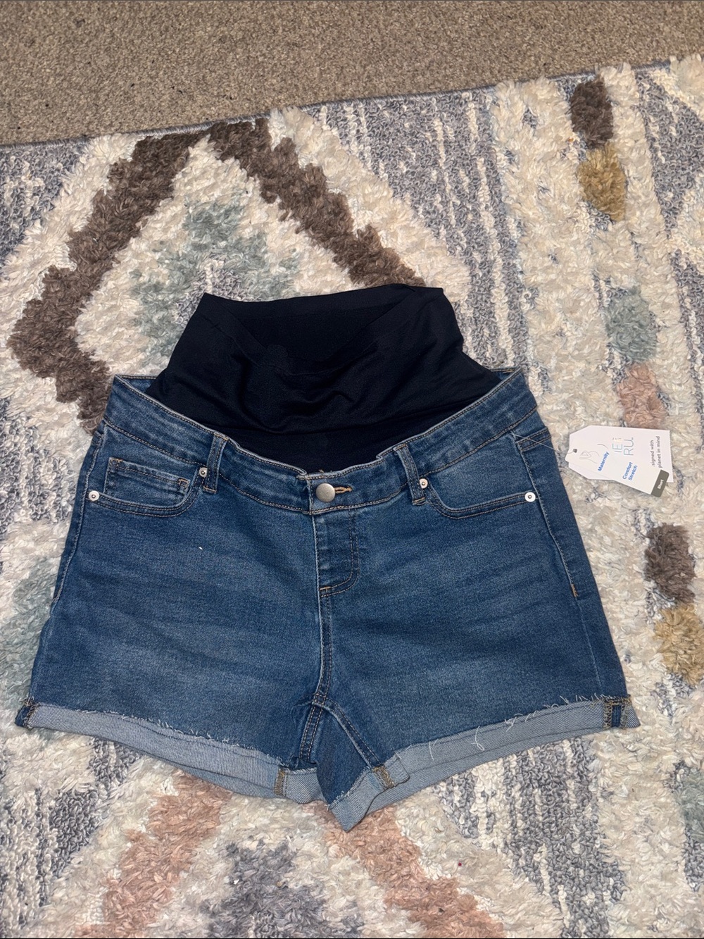 Time and Tru Maternity Dark Blue Denim Shorts with Black Stretch Waistband